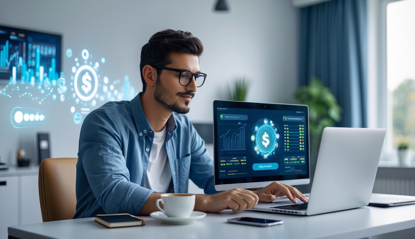Seorang pria muda duduk di meja kerja modern dengan laptop, fokus melihat layar yang menampilkan grafik dan data, di ruang kantor rumah yang terang dan rapi.