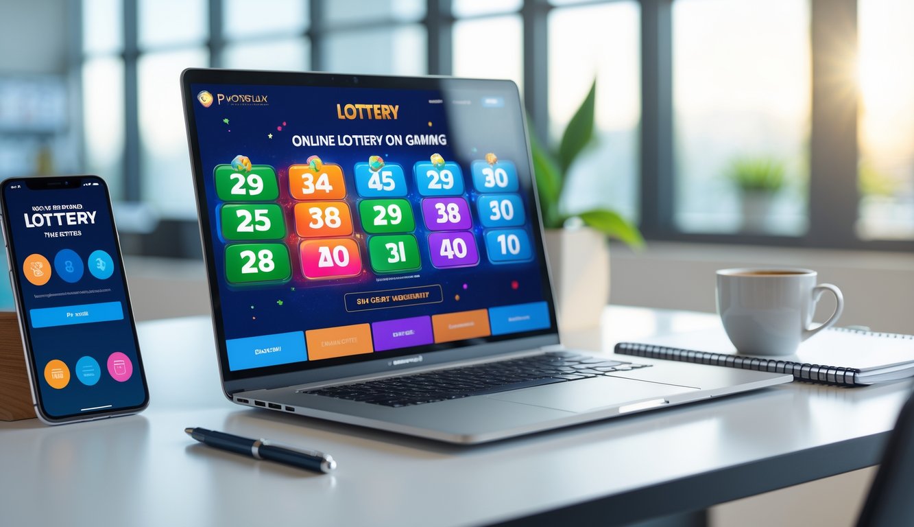 Seorang pengguna duduk di depan laptop dengan layar menampilkan situs togel online, di meja terdapat ponsel, secangkir kopi, dan buku catatan di ruang kerja yang terang dan rapi.