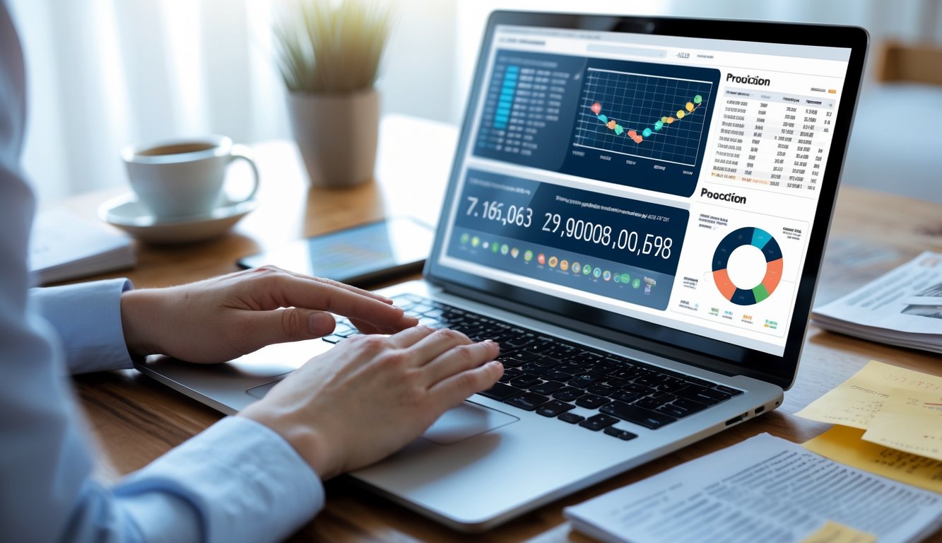 Seseorang sedang bekerja dengan laptop yang menampilkan grafik prediksi togel, di meja terdapat catatan, ponsel, dan secangkir kopi.