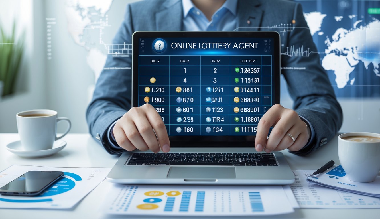 Seorang pria menggunakan laptop di meja kerja dengan tampilan angka dan grafik lotere digital, menunjukkan suasana kerja profesional dan fokus pada prediksi togel online.
