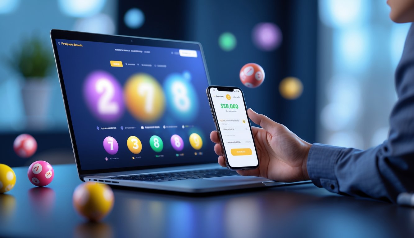 Seseorang menggunakan laptop dan ponsel di meja kerja dengan tampilan antarmuka togel online dan elemen bola togel di latar belakang.
