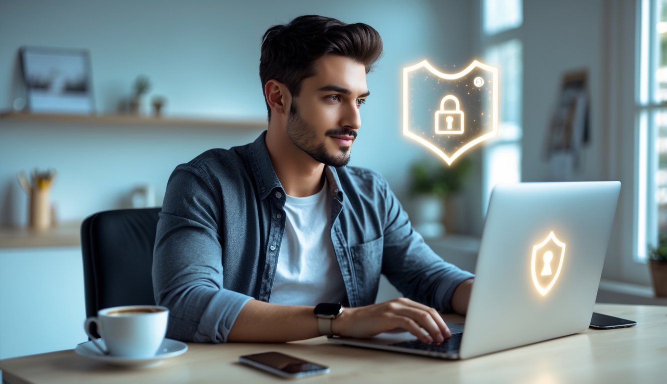 Seorang pria muda menggunakan laptop di ruang kerja rumah yang modern dengan suasana tenang dan aman.
