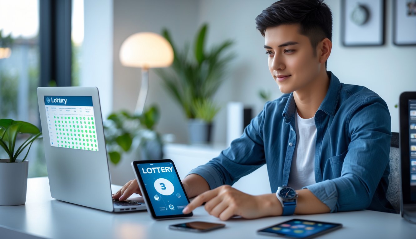 Seseorang duduk di meja kerja dengan laptop dan ponsel, fokus memilih opsi togel online di lingkungan kantor rumah yang rapi dan terang.