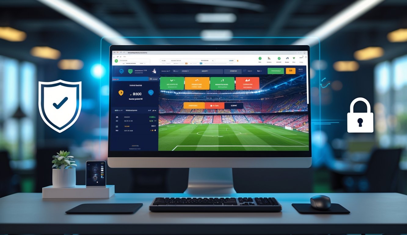 Seorang pengguna di depan komputer dengan tampilan pertandingan sepak bola dan opsi taruhan online di layar.
