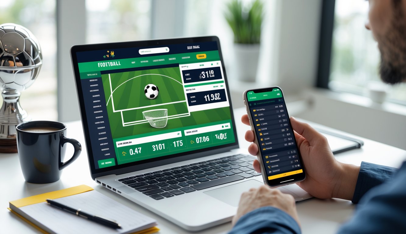 Seseorang menggunakan laptop dan ponsel di meja kerja dengan tema taruhan bola, di sekitar terdapat cangkir kopi dan alat tulis.