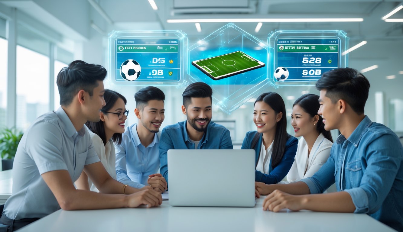 Sekelompok orang muda berdiskusi di sekitar laptop di kantor modern dengan latar belakang grafis sepak bola dan taruhan online.