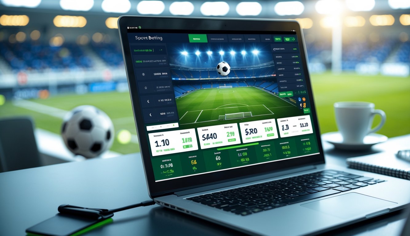 Seseorang menggunakan laptop dengan layar menampilkan antarmuka taruhan olahraga sepak bola, di latar belakang terlihat stadion sepak bola dan bola sepak bola.