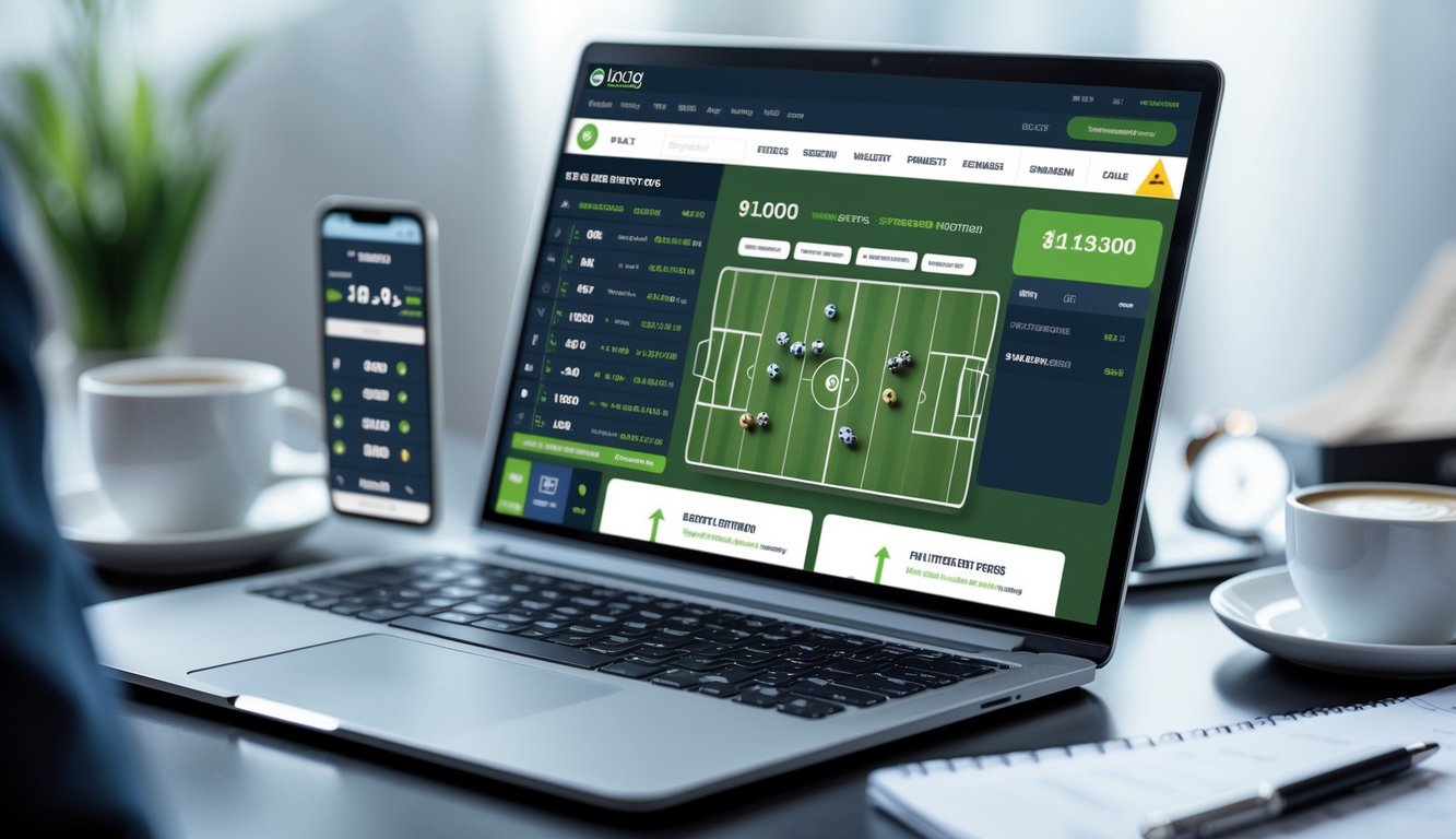Meja kerja dengan laptop yang menampilkan situs taruhan olahraga online, ponsel, dan alat tulis di sekitarnya.