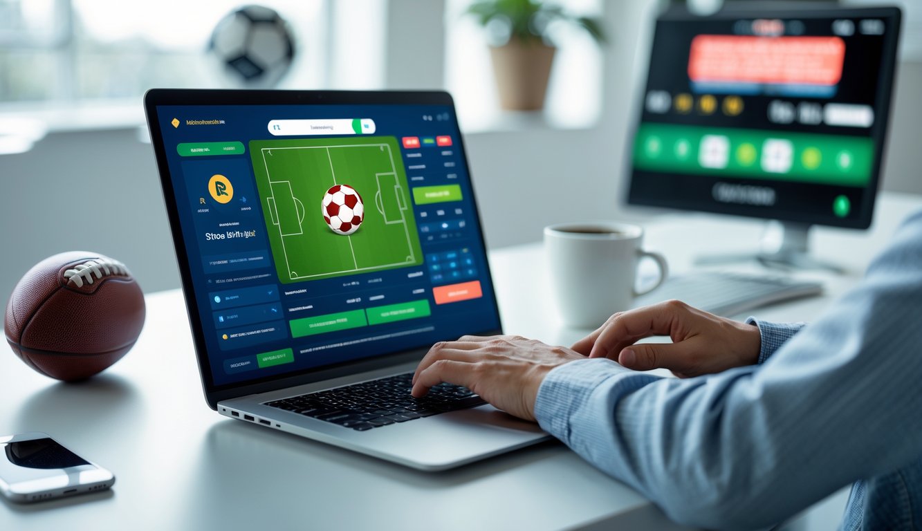 Seseorang menggunakan laptop di meja kerja dengan layar menampilkan pertandingan sepak bola, di sekitar terdapat bola sepak dan ponsel.