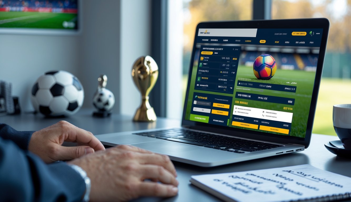 Seorang pria menggunakan laptop dan ponsel pintar untuk taruhan bola online di meja kerja dengan suasana nyaman dan peralatan terkait taruhan.