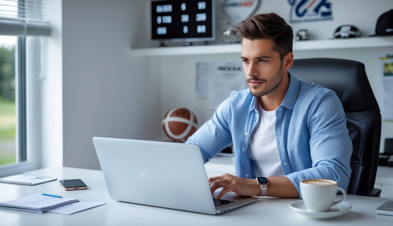 Seorang pria muda duduk di meja dengan laptop, terlihat fokus sedang menggunakan situs taruhan bola online di ruang kerja rumah yang terang.