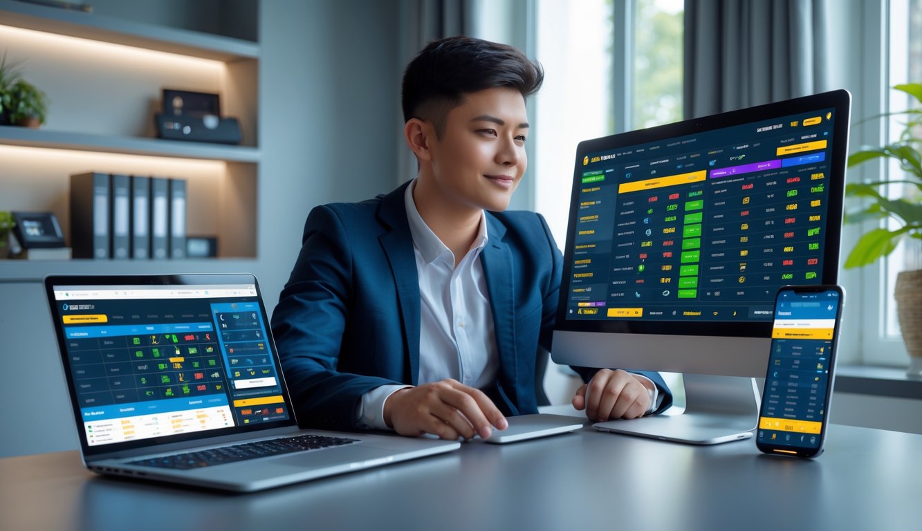 Seseorang duduk di meja kerja dengan laptop dan ponsel yang menampilkan antarmuka taruhan olahraga online.
