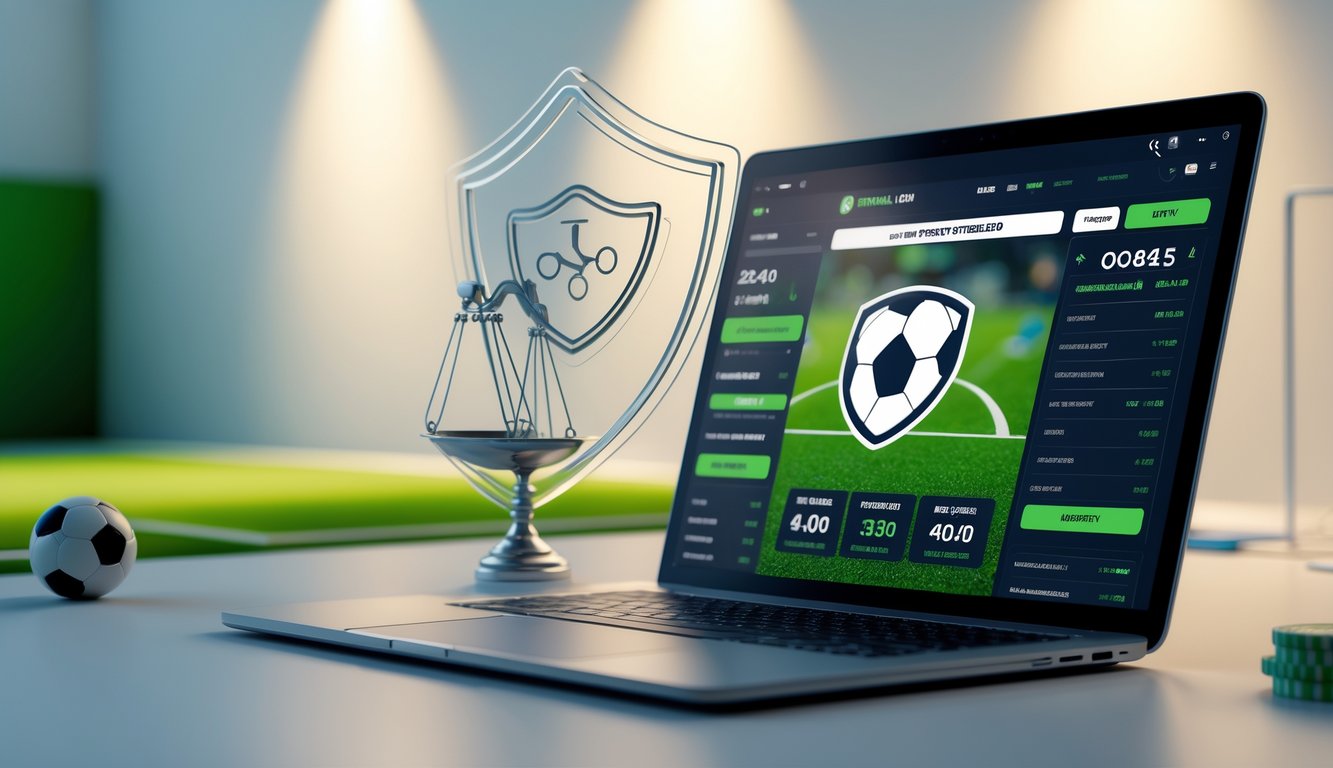 Seseorang menggunakan laptop dengan tampilan antarmuka taruhan sepak bola dan simbol keadilan di layar.