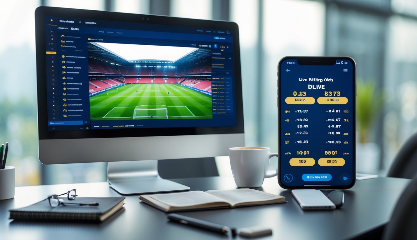 Seorang pria menggunakan komputer dan ponsel untuk memasang taruhan pada pertandingan sepak bola secara online di meja kerja.