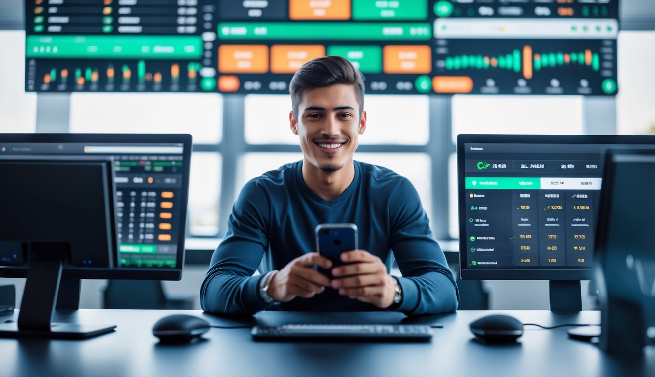 Seorang pria muda duduk di meja dengan beberapa layar komputer yang menampilkan pertandingan sepak bola dan data taruhan, menggunakan ponsel di ruang kantor yang terang.