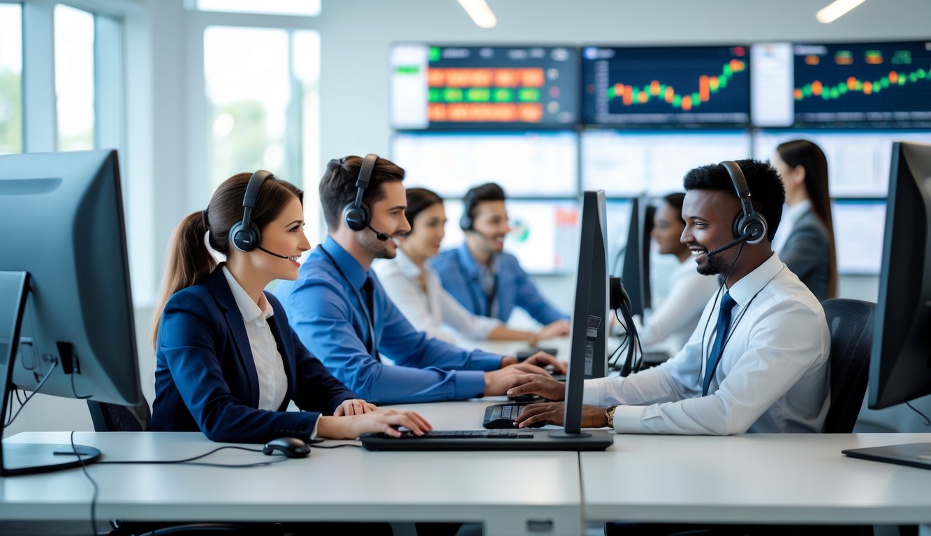 Tim layanan pelanggan sedang bekerja di kantor modern dengan komputer dan headset, membantu pelanggan secara online.
