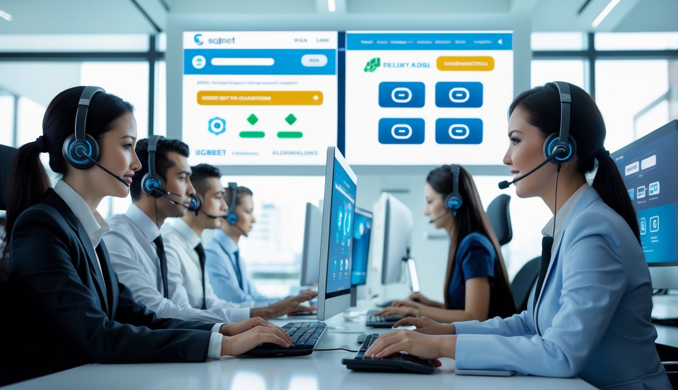 Tim layanan pelanggan yang sedang bekerja di kantor modern dengan komputer dan headset, membantu pengguna secara online.