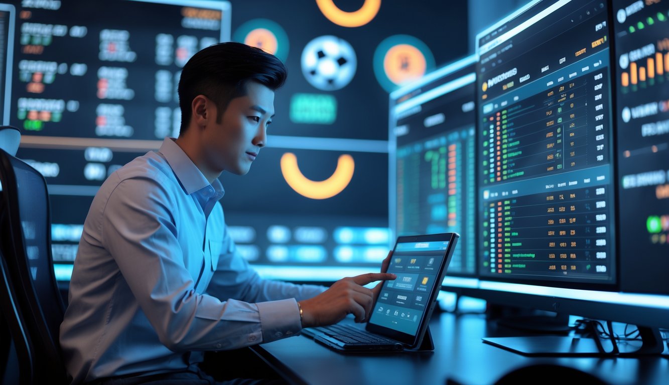 Seorang pria Asia muda menggunakan perangkat touchscreen di meja kerja dengan layar komputer menampilkan statistik pertandingan sepak bola dan data taruhan.