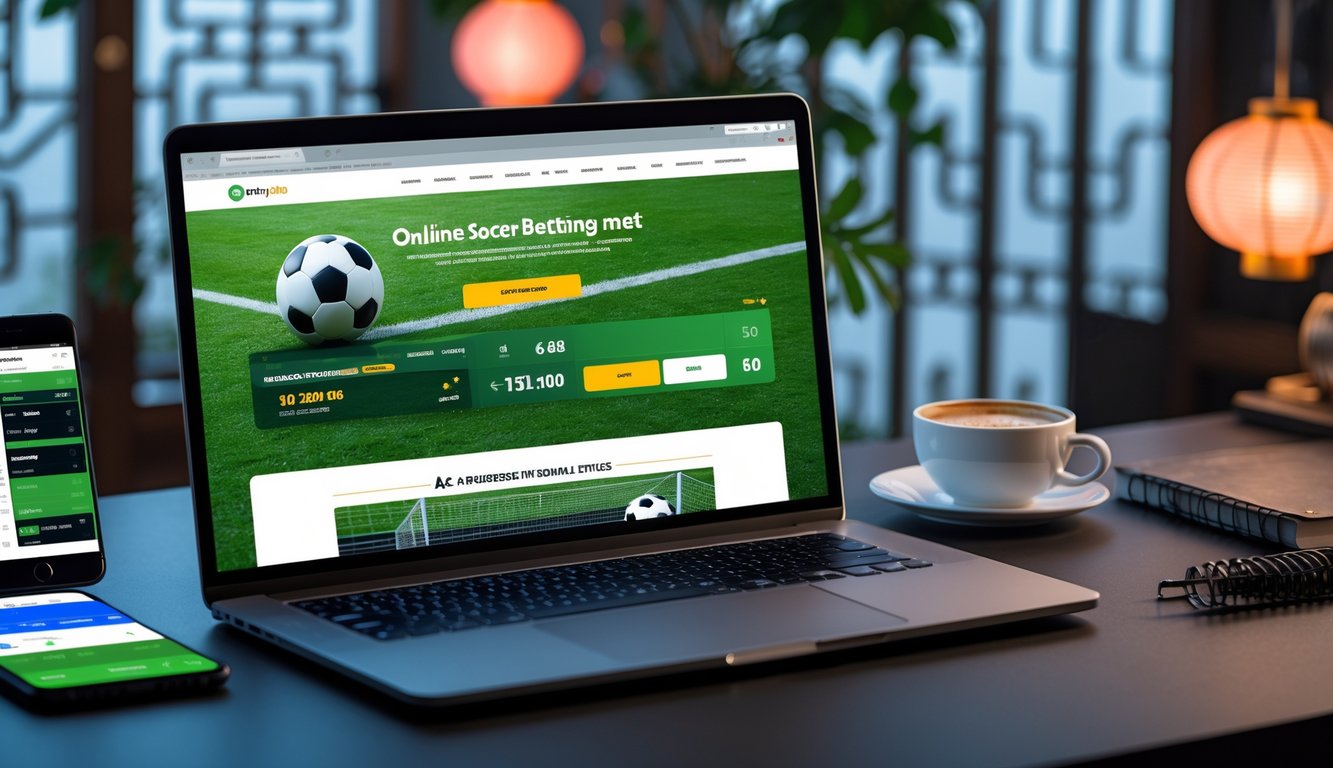 Seorang pria menggunakan laptop di meja kerja dengan tampilan situs taruhan bola online dan ponsel di sampingnya, suasana modern dan profesional.