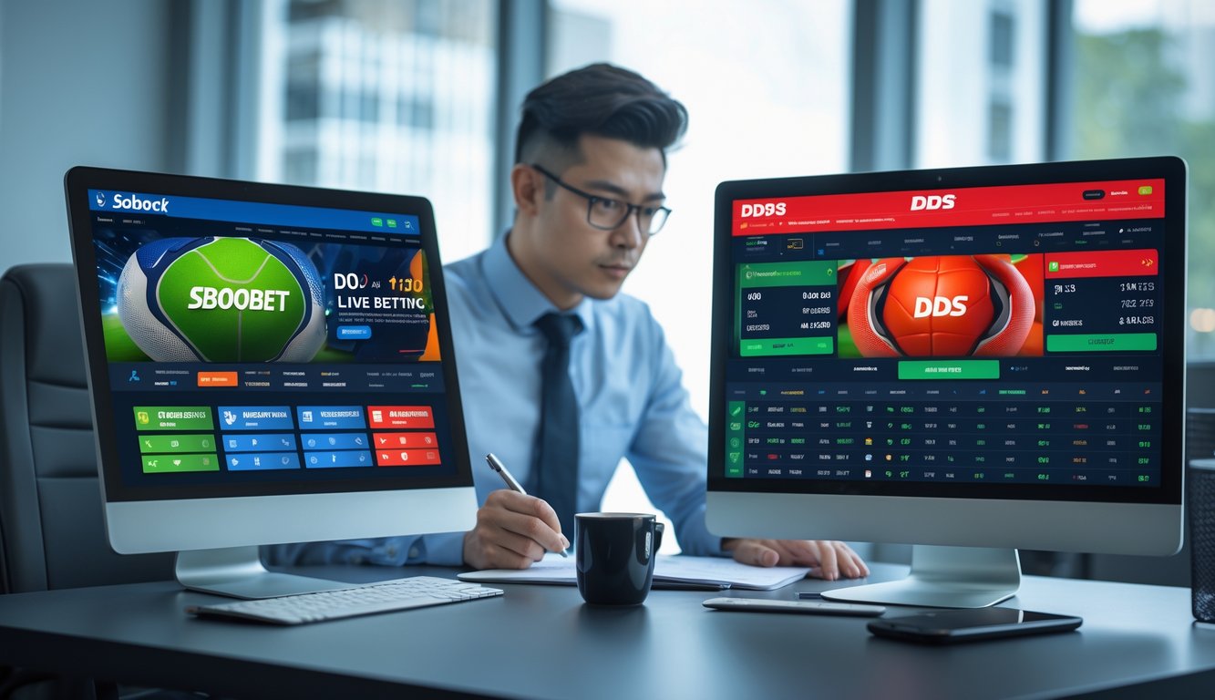 Seseorang duduk di depan dua layar komputer yang menampilkan antarmuka taruhan bola online, sedang membandingkan dua situs berbeda di sebuah kantor modern.