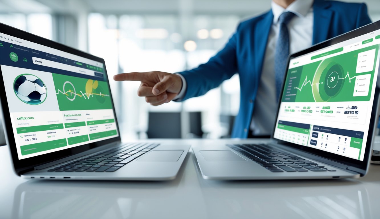Seseorang menunjuk layar laptop yang menampilkan grafik dan ikon olahraga, menunjukkan perbandingan dua platform taruhan bola online di sebuah kantor modern.