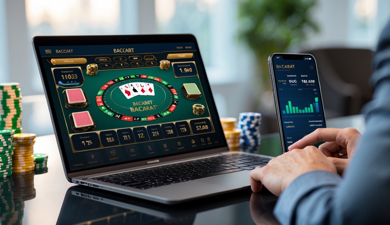 Seseorang menggunakan laptop dan ponsel untuk bermain baccarat online dengan tampilan kartu dan statistik taruhan di layar.