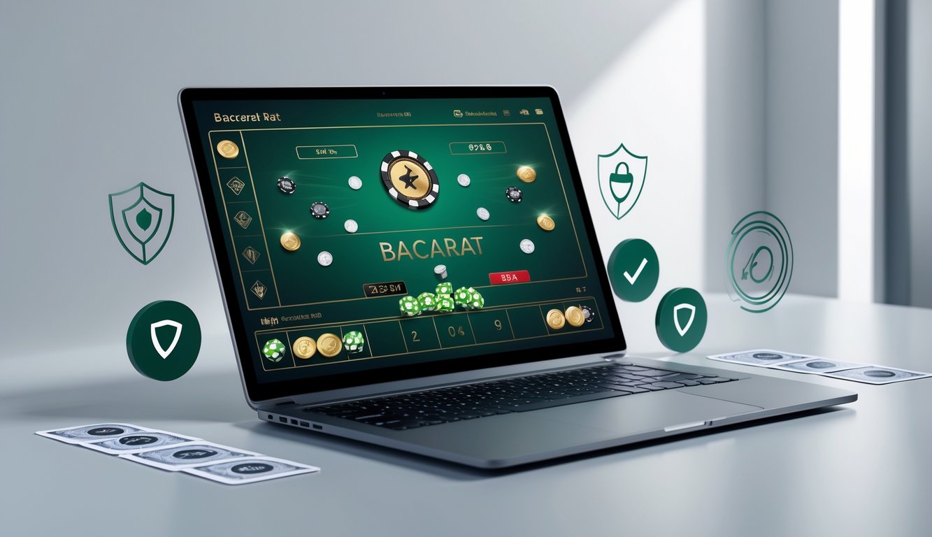 Seorang pengguna sedang bermain baccarat online di komputer dengan simbol keamanan dan grafik kemenangan di latar belakang.