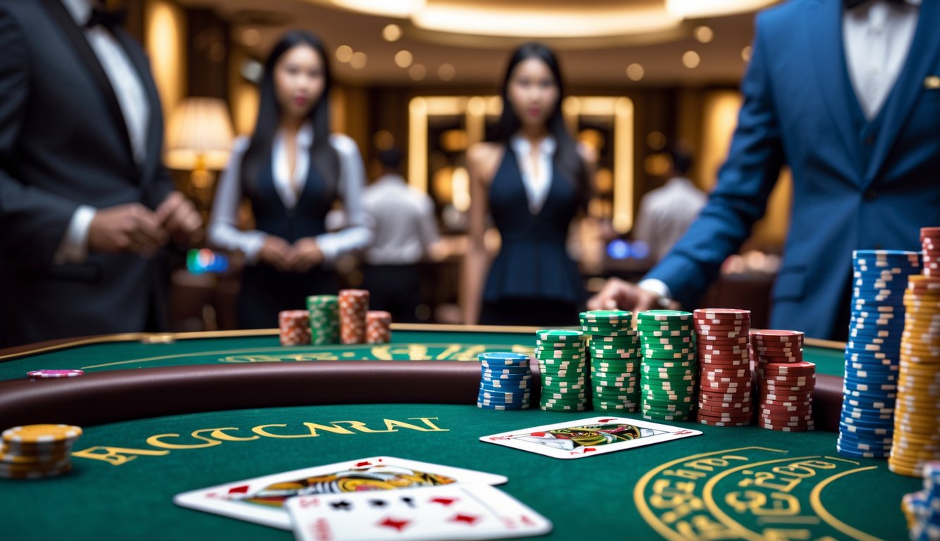 Meja baccarat dengan kartu dan chip kasino di kasino mewah dengan pemain dan dealer berpakaian rapi.