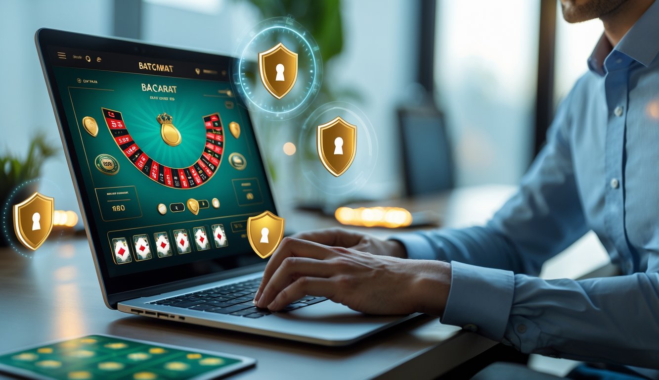Seseorang sedang menggunakan komputer dengan tampilan permainan baccarat online di layar, dikelilingi simbol keamanan seperti gembok digital dan perisai.