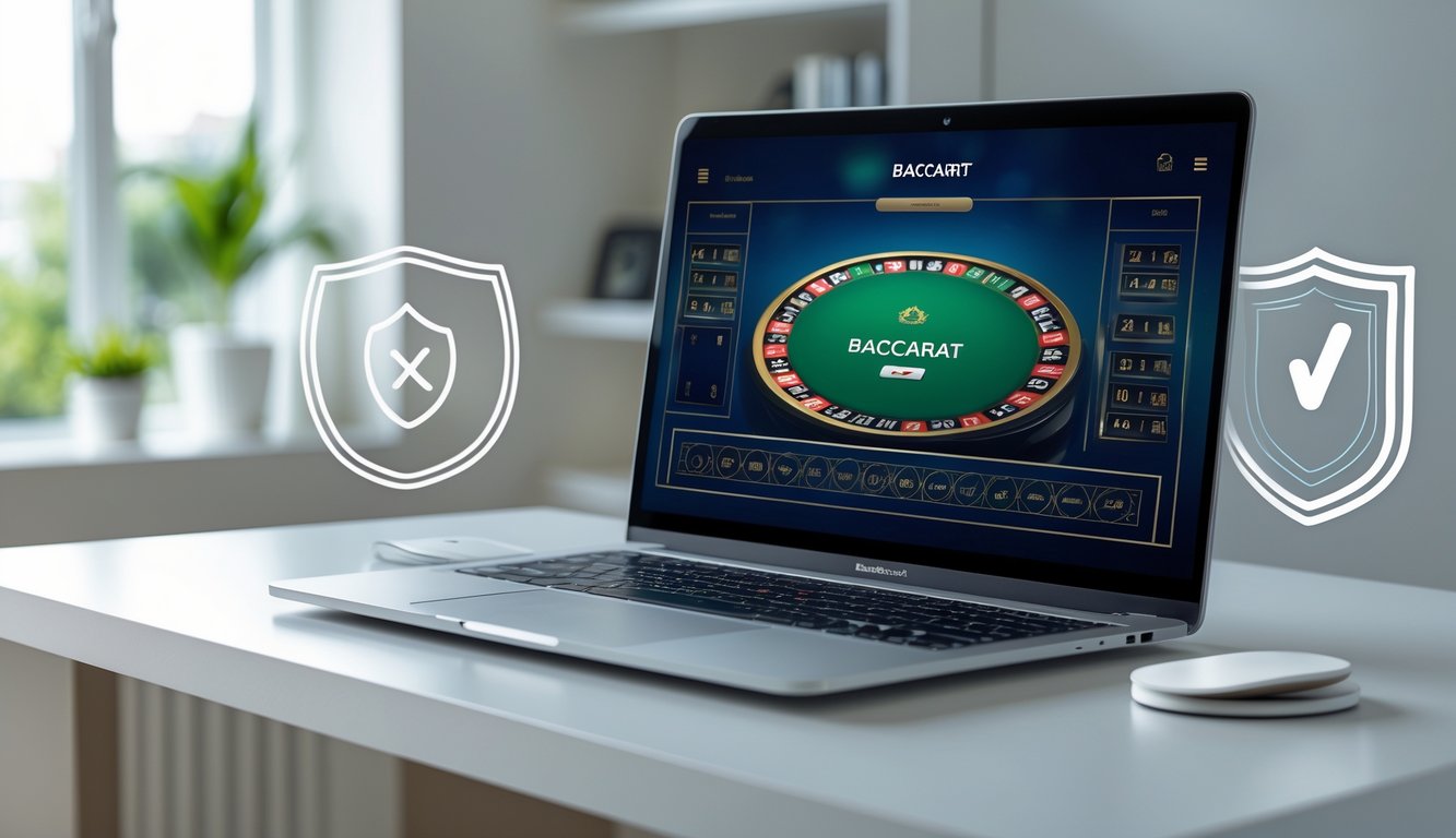 Sebuah laptop di meja dengan tampilan permainan baccarat online, dikelilingi oleh simbol keamanan seperti gembok dan perisai, di ruangan kantor rumah yang terang dan rapi.