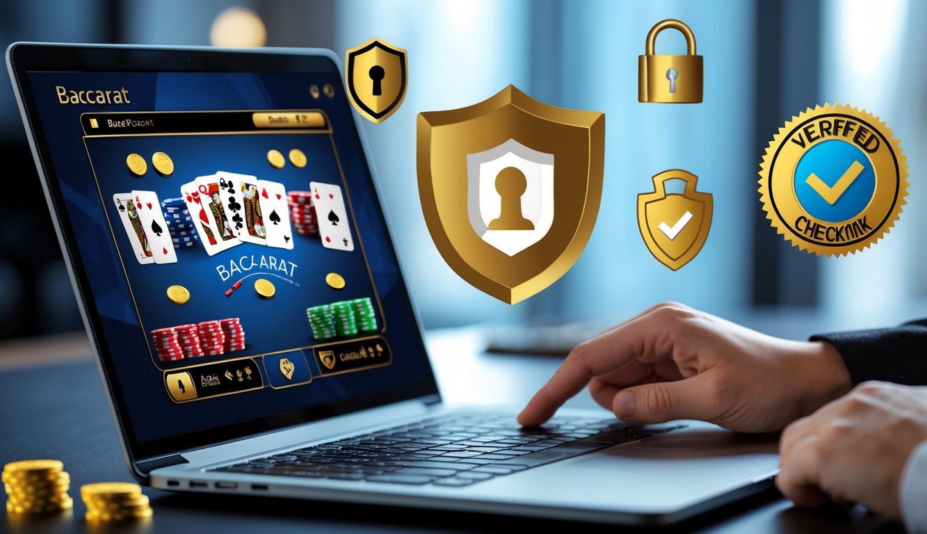 Seseorang menggunakan laptop yang menampilkan permainan baccarat online dengan simbol keamanan di sekitarnya.