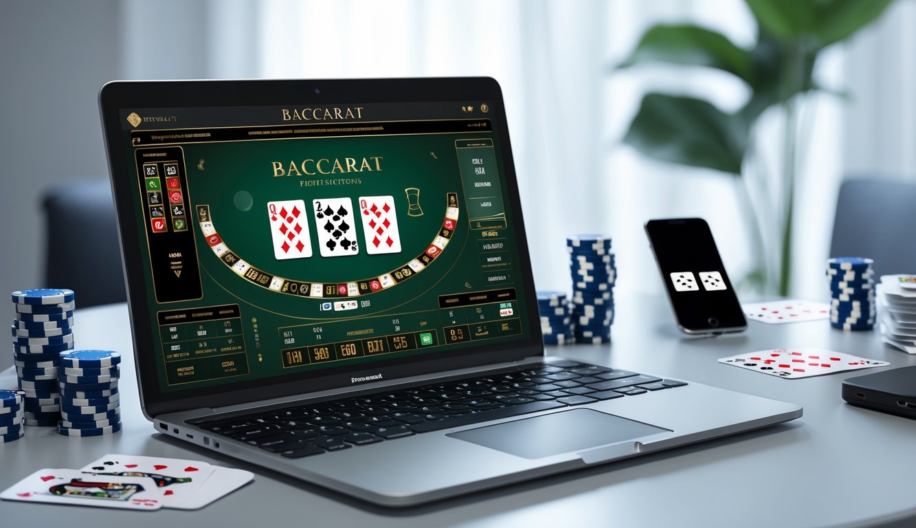 Seorang pria menggunakan laptop di meja dengan kartu remi dan chip poker, menunjukkan suasana bermain baccarat online.