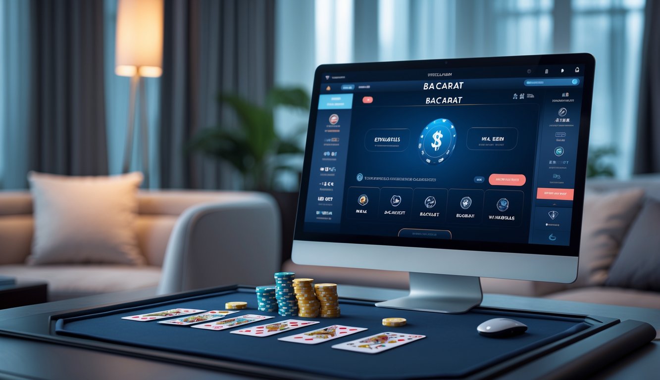 Meja permainan baccarat dengan kartu dan chip, serta layar komputer yang menampilkan platform baccarat online terpercaya di ruang tamu yang nyaman.