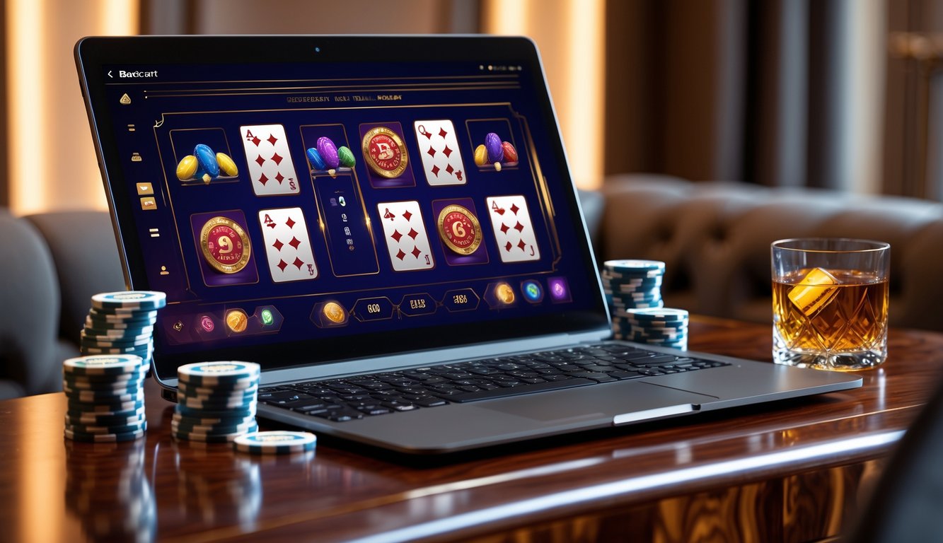 Sebuah meja dengan komputer menampilkan permainan baccarat online, dikelilingi oleh tumpukan chip baccarat dan segelas minuman, dengan latar belakang ruangan yang mewah.