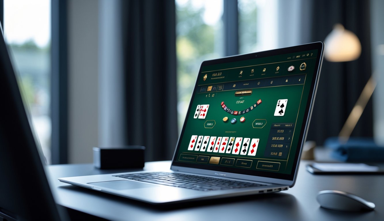 Seorang pemain menggunakan komputer dengan tampilan permainan baccarat online di layar di lingkungan rumah atau kantor yang nyaman.