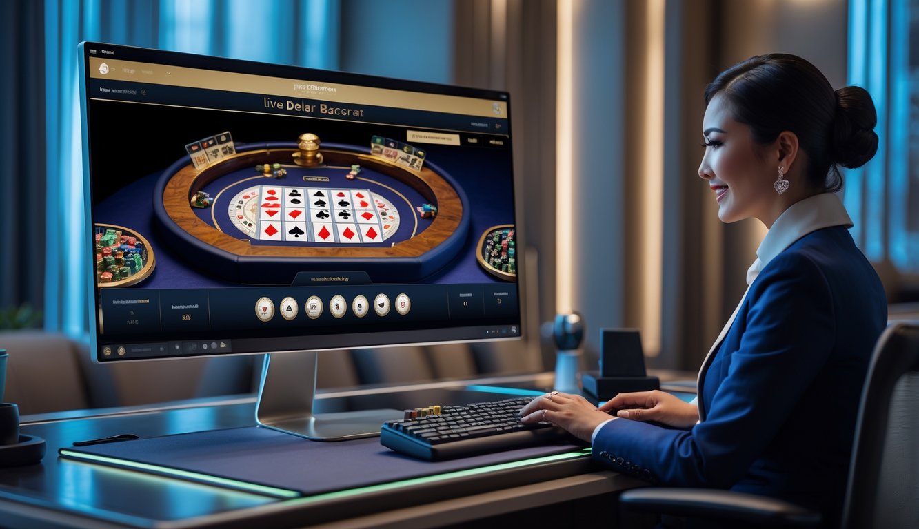 Seorang dealer wanita tersenyum di depan komputer yang menampilkan permainan baccarat online dengan dealer langsung di ruangan gaming modern.