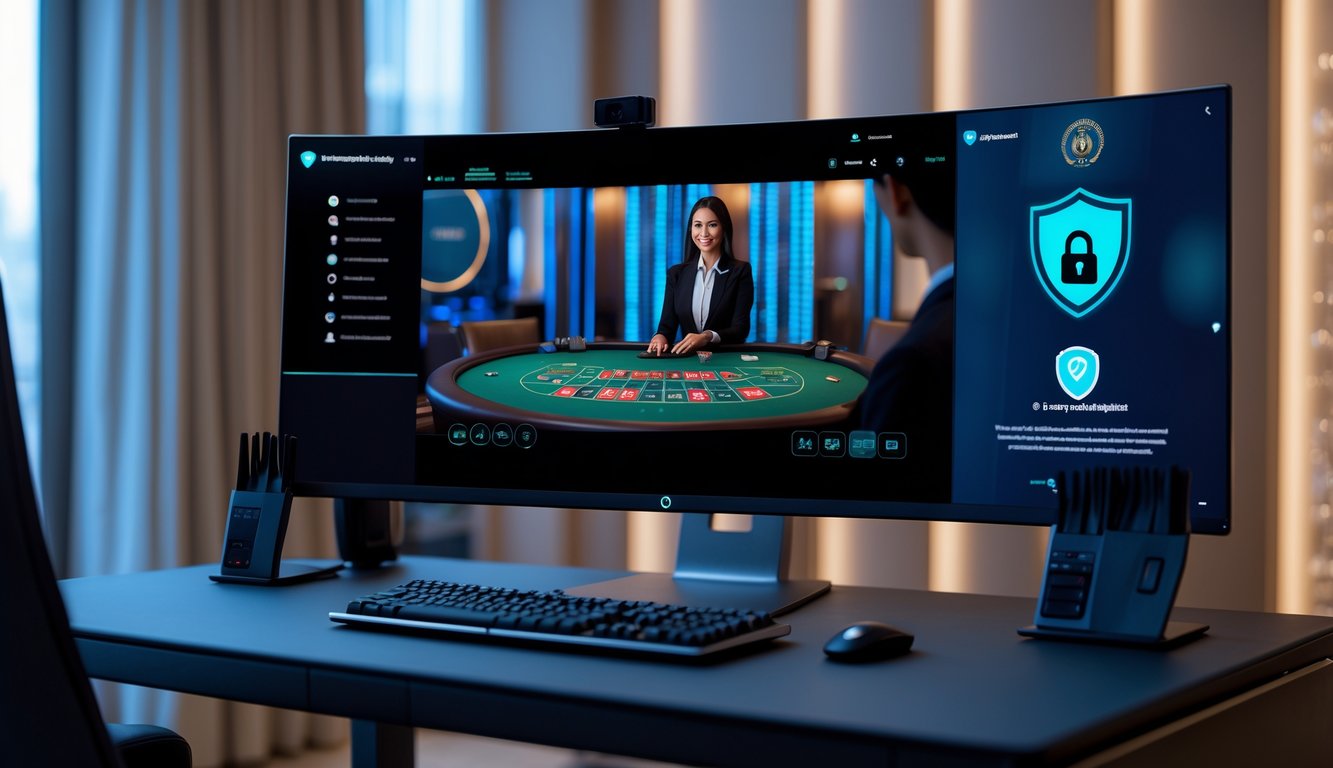 Sebuah ruang modern dengan komputer menampilkan permainan baccarat online dengan dealer langsung, menonjolkan suasana profesional dan terpercaya.