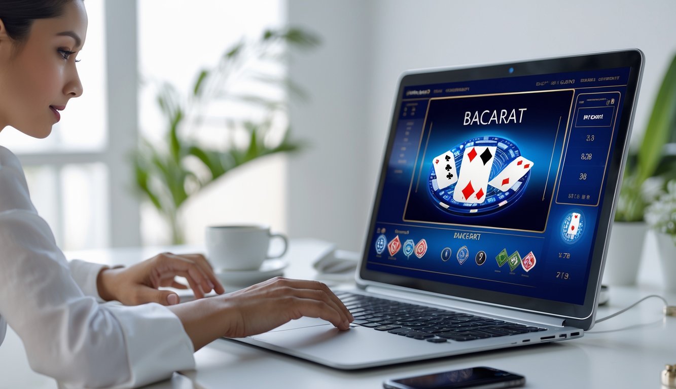 Seseorang sedang bermain permainan baccarat online di komputer dengan latar belakang ruangan yang rapi dan terang.