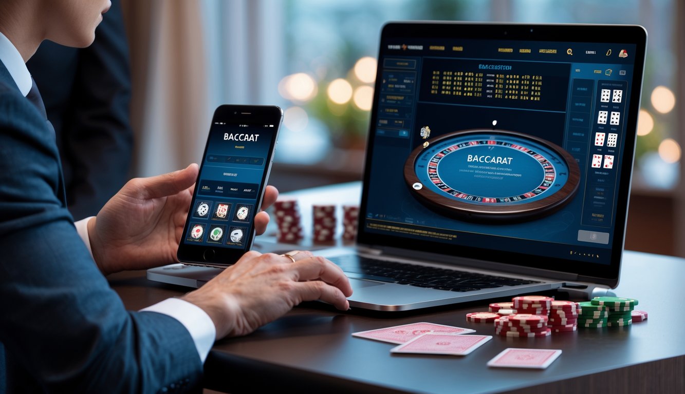 Seorang pengguna sedang menggunakan laptop dan ponsel untuk bermain baccarat online di meja kerja yang rapi.