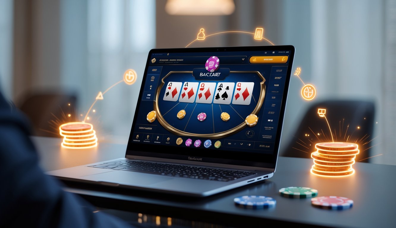 Seseorang menggunakan komputer dengan tampilan permainan baccarat online dan simbol promosi di sekitarnya.