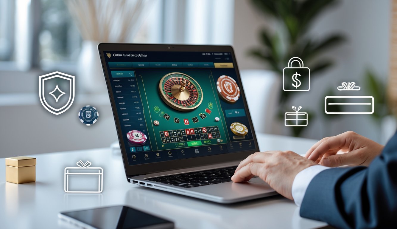 Meja kerja modern dengan laptop yang menampilkan permainan baccarat online, tangan seseorang sedang berinteraksi dengan laptop, suasana terang dan rapi.