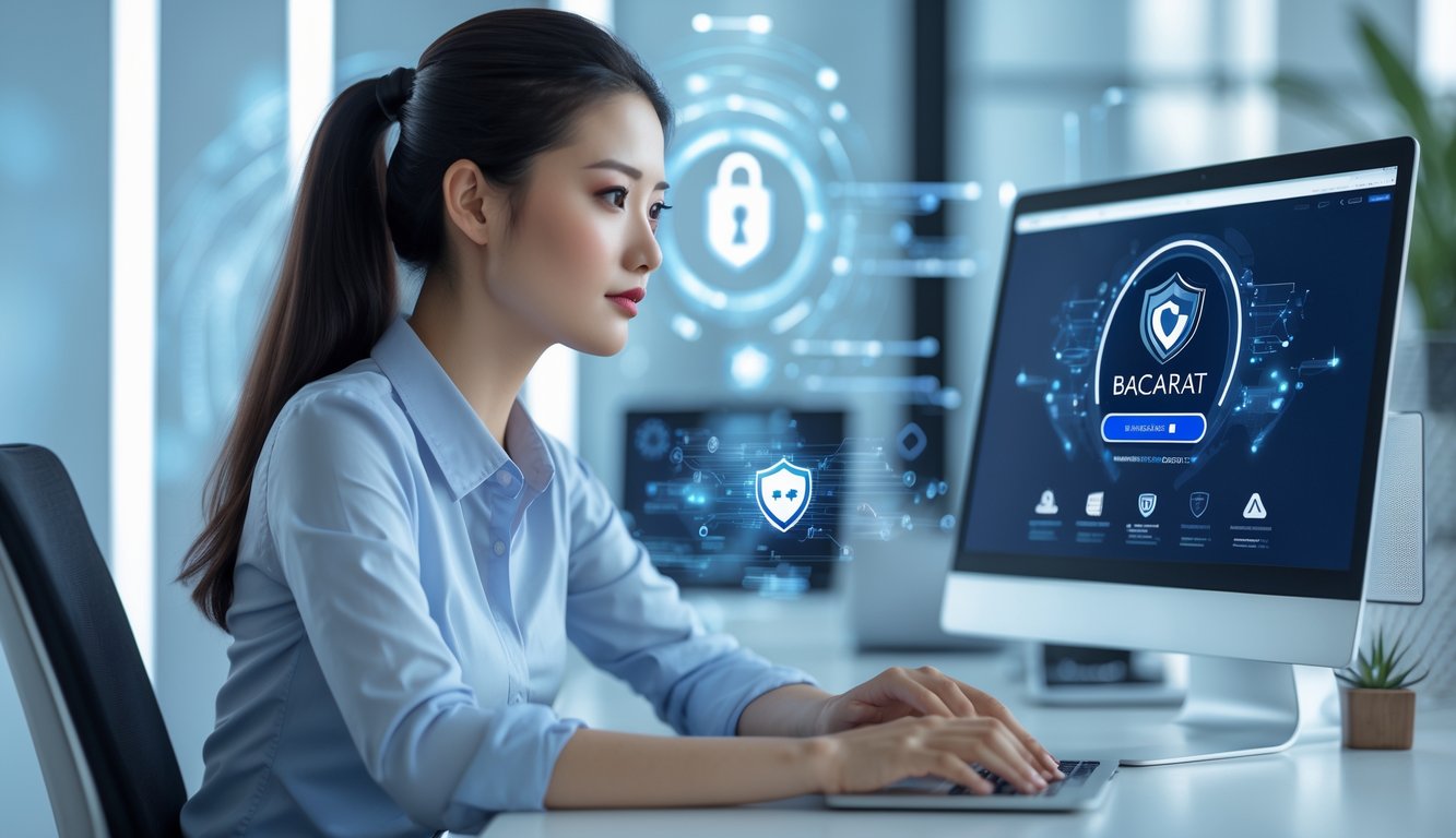 Seorang wanita muda duduk di depan laptop di kantor modern, fokus pada layar yang menampilkan situs baccarat online dengan simbol keamanan.