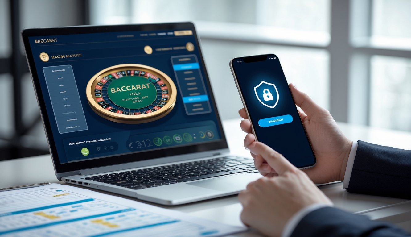 Seseorang sedang menggunakan laptop dan ponsel dengan tampilan situs baccarat online yang aman di meja kerja.