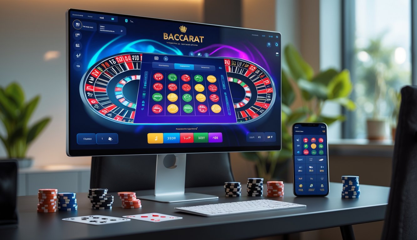 Meja kerja modern dengan komputer menampilkan permainan baccarat online, chip poker, kartu remi, dan ponsel di lingkungan kantor yang rapi.