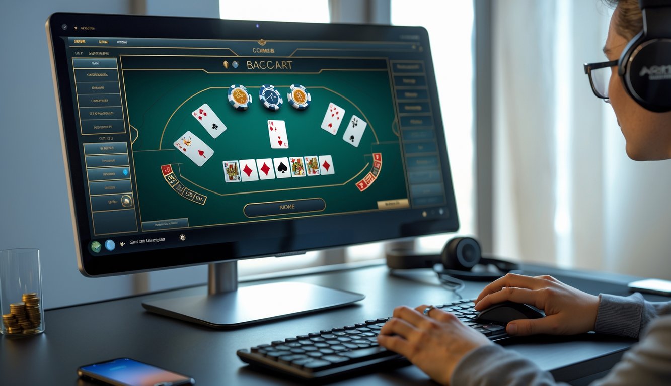 Meja kerja modern dengan monitor komputer menampilkan permainan baccarat online, tangan seseorang menggunakan mouse dan keyboard, suasana kantor rumah yang rapi dan terang.