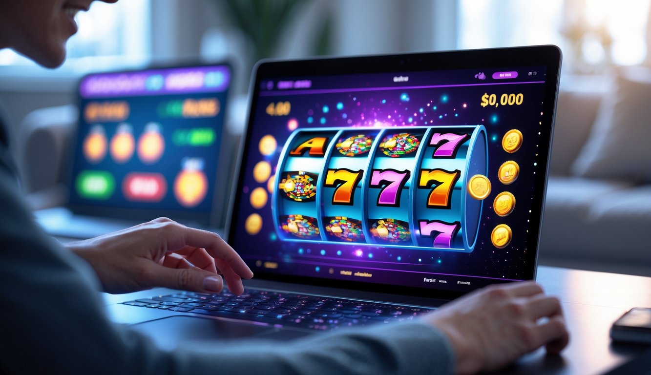 Seseorang bermain mesin slot online di komputer dengan suasana nyaman dan grafik mesin slot yang berwarna-warni di layar.