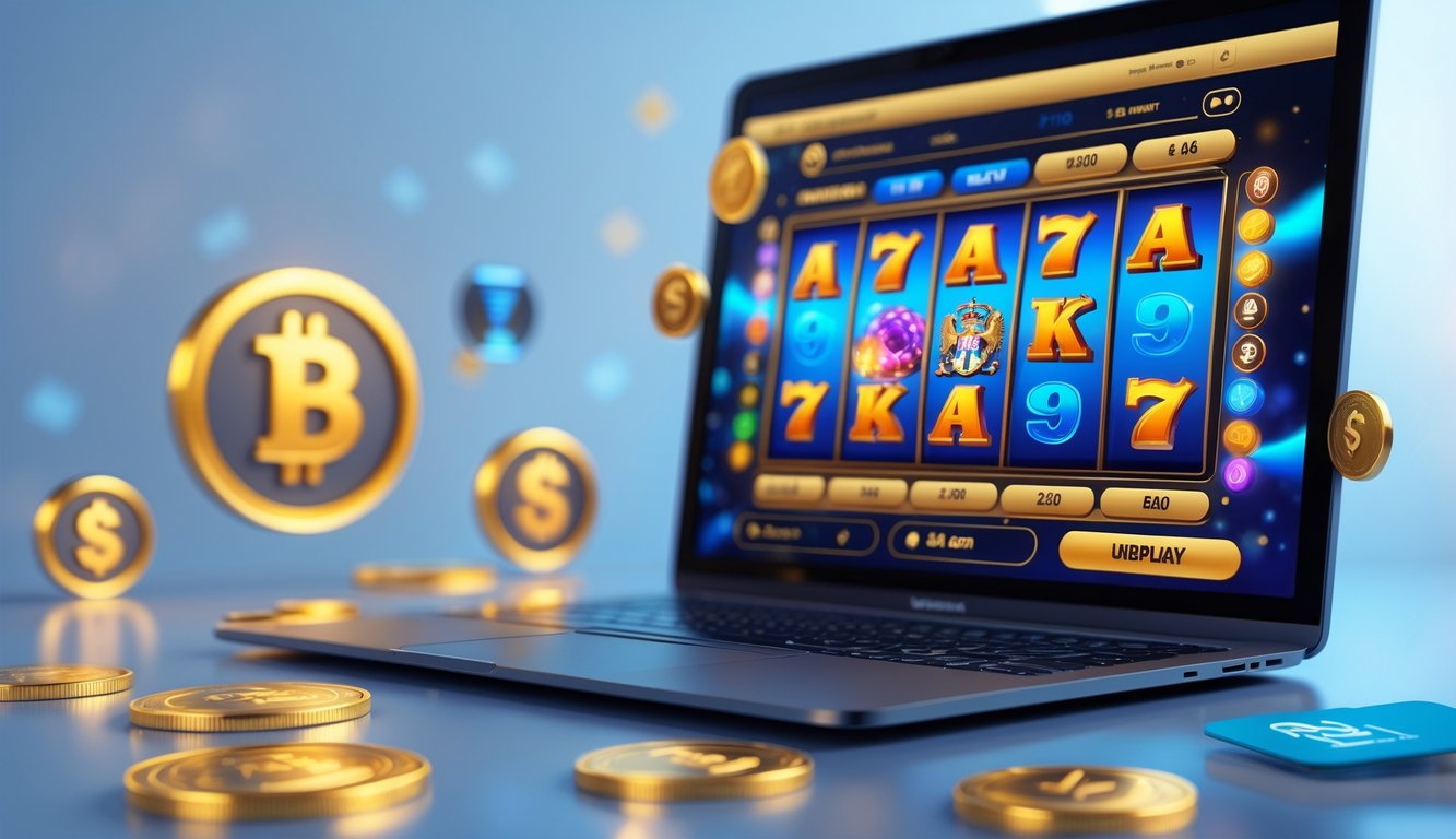 Layar perangkat digital menampilkan permainan slot online dengan simbol warna-warni dan elemen pembayaran digital di sekitarnya.