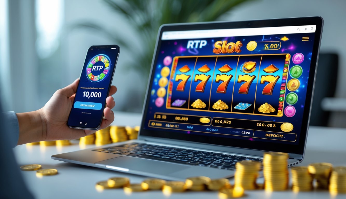 Layar komputer menampilkan permainan mesin slot online dengan simbol berwarna cerah dan koin di sekitarnya, menunjukkan suasana menang dan deposit mudah.