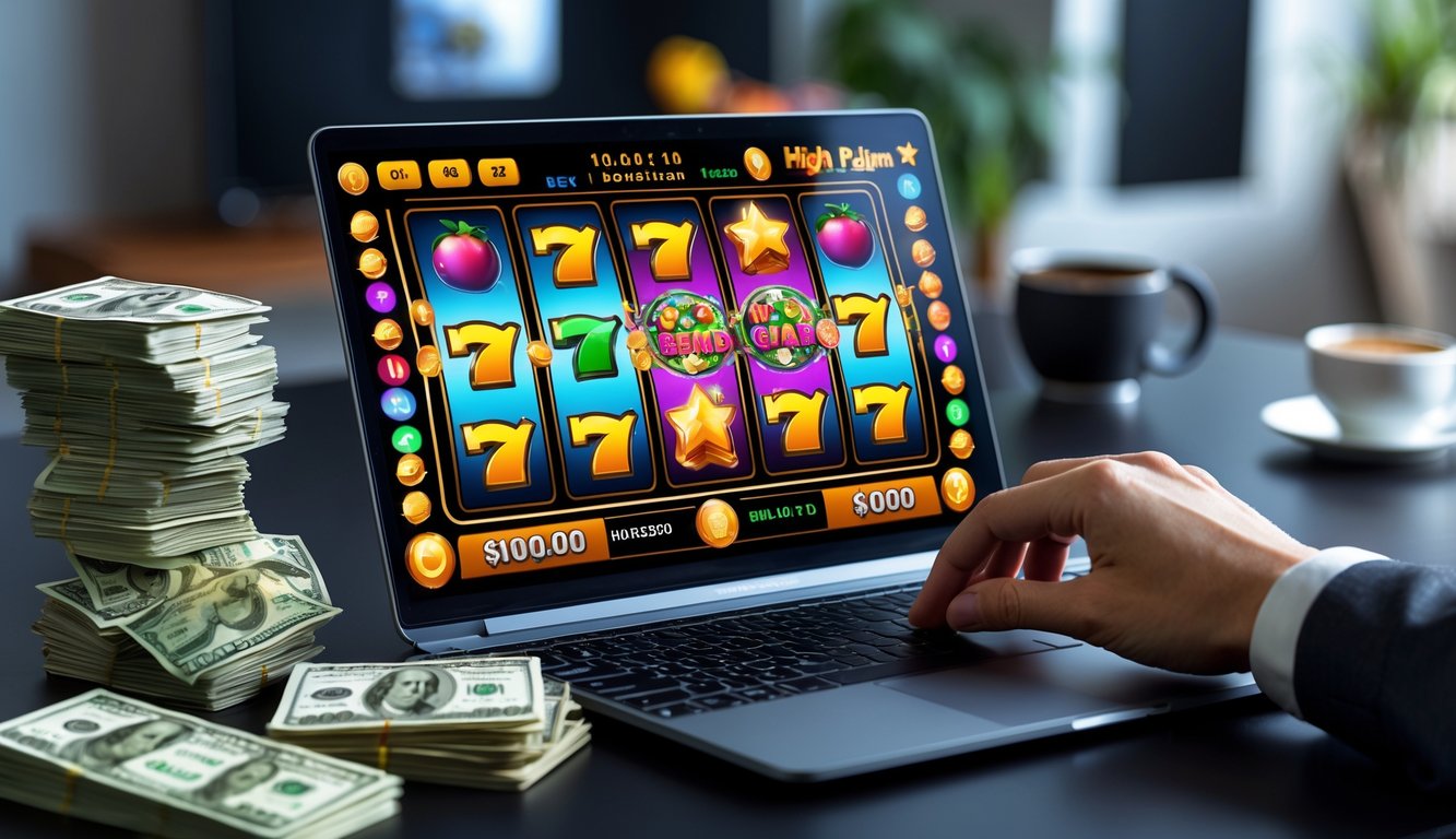 Seorang pengguna sedang bermain permainan slot online di laptop dengan tumpukan uang dan suasana ruang kerja yang nyaman.