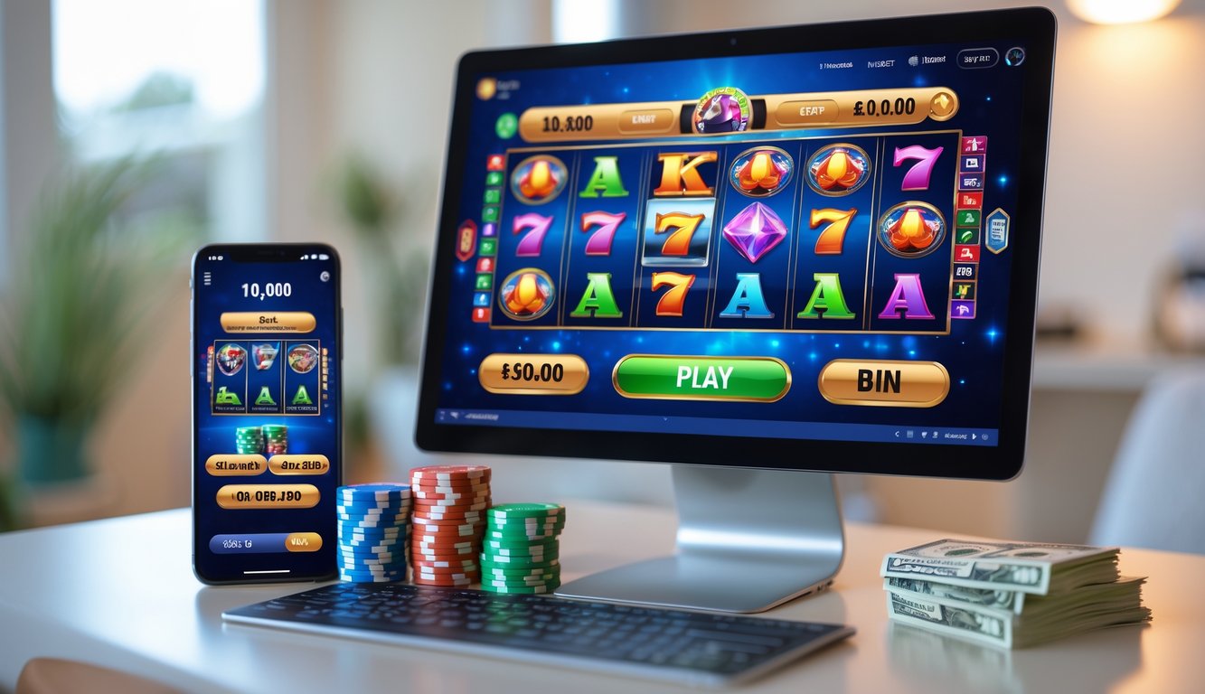 Seorang pengguna sedang bermain permainan slot online di komputer dan ponsel di meja kerja dengan chip kasino dan uang di sekitar.